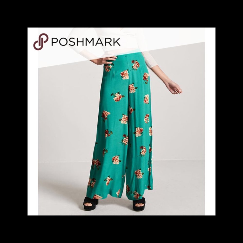 Forever 21 High Waist Teal Floral Palazzo Pants S